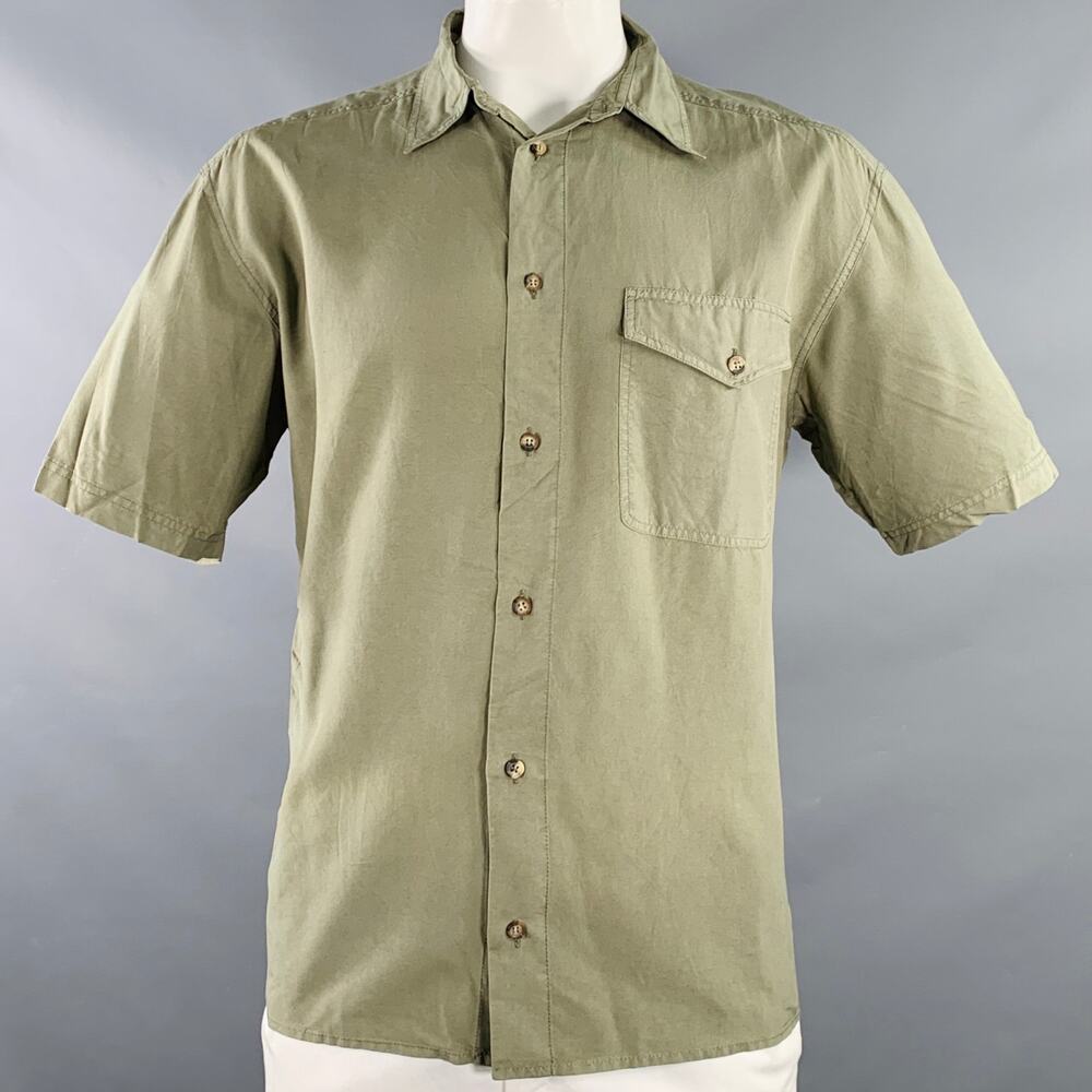 BYBLOS Size 46 Green Olive Silk One Pocket Short Sleeve Shirt